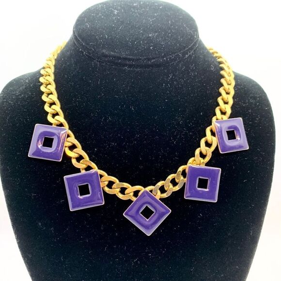 Vintage Art Deco Enamel Geometric Curb Chain Necklace 80s - Picture 4 of 11